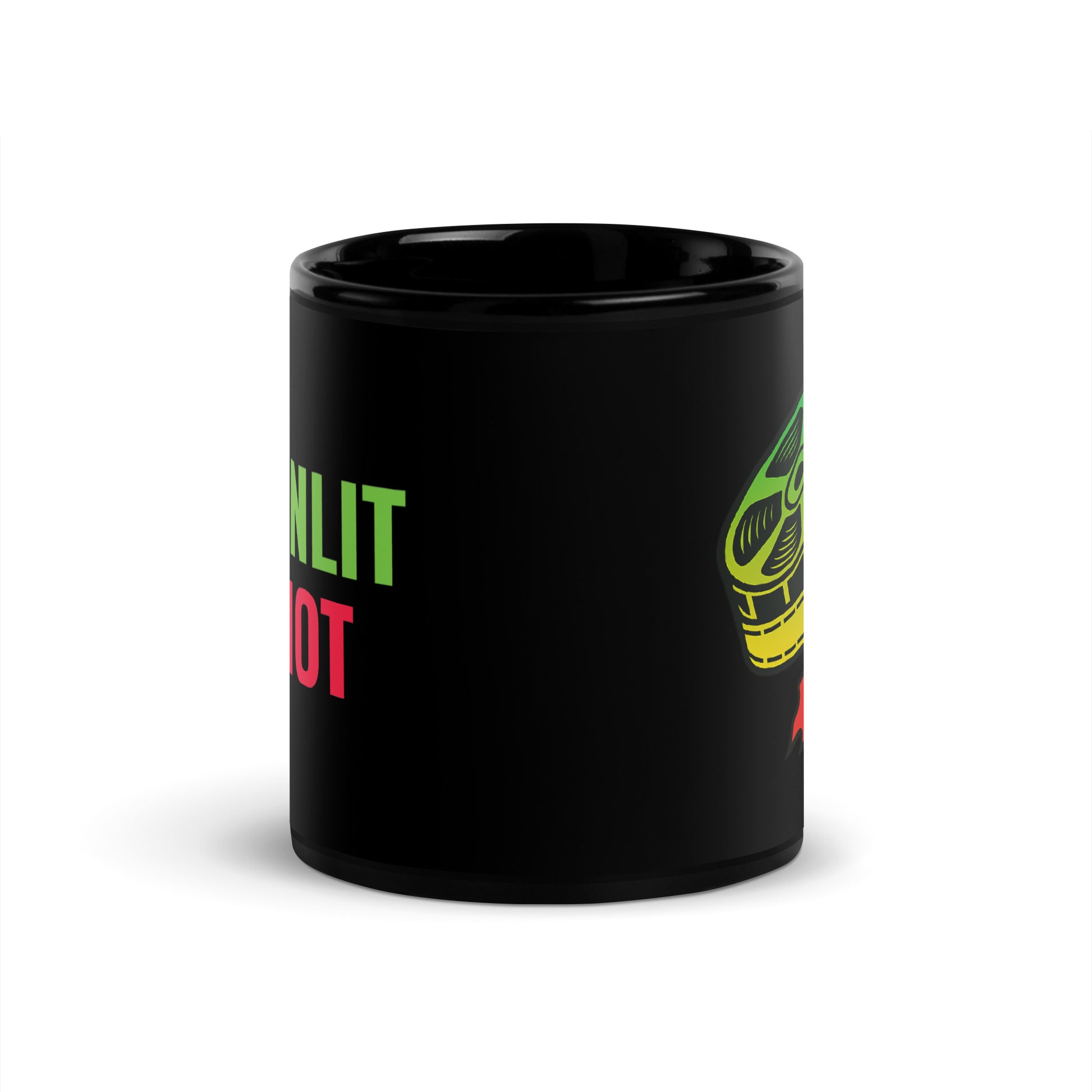 Black 11-ounce ceramic mug featuring the Greenlit or Not™ neon film reel logo in green, yellow, and red, representing the brand’s verdict system, on a glossy black backgroun
