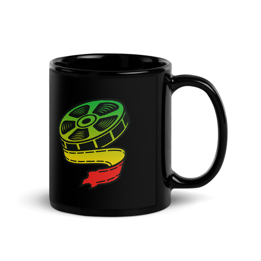 Side view of the Greenlit or Not™ Reel Verdict Mug showing the wraparound film reel design with a gradient from neon green to yellow to red, printed on a glossy black surface.
